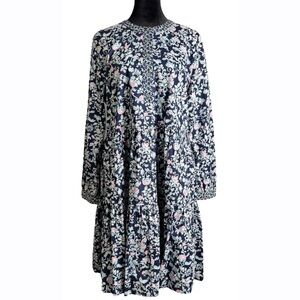 J. Crew Factory‎ Blue Floral Mixed Print Tiered Long Sleeve Knee Length Dress